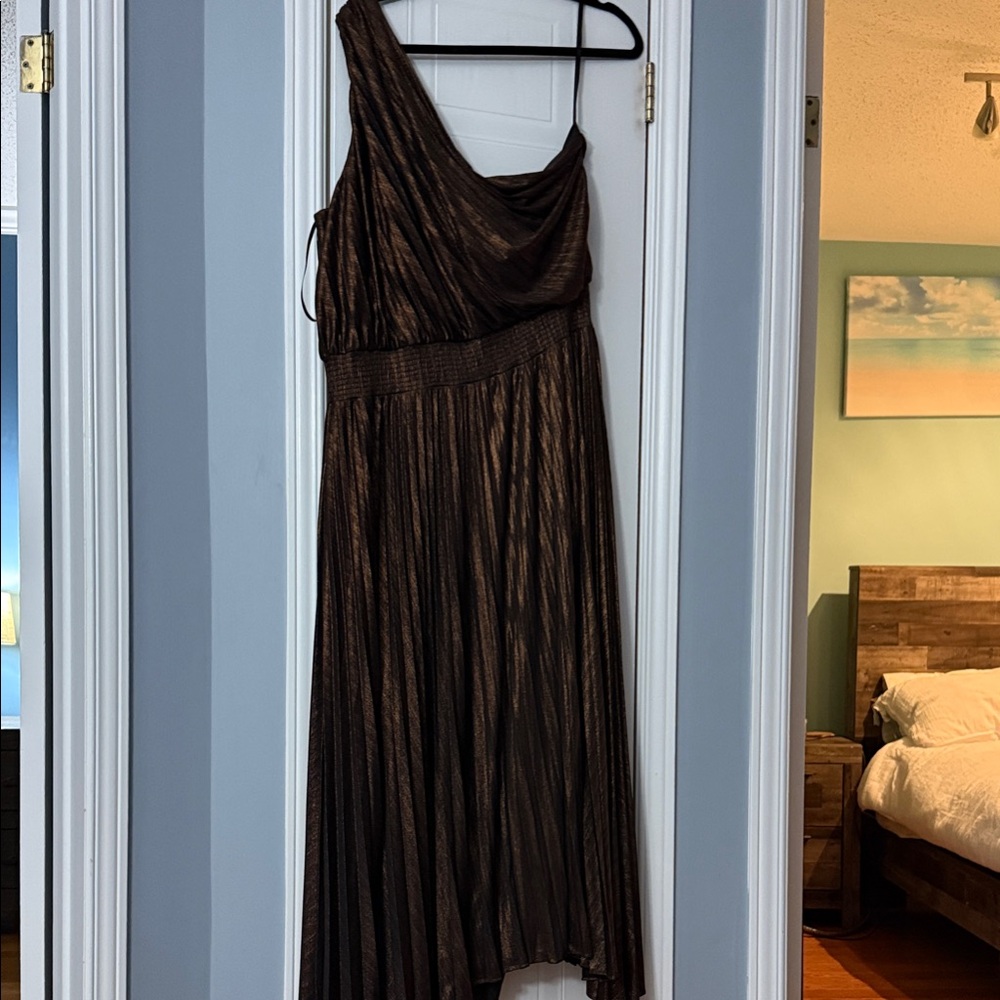 White House Black Market One-Shoulder Metallic Bronze Maxi Dress